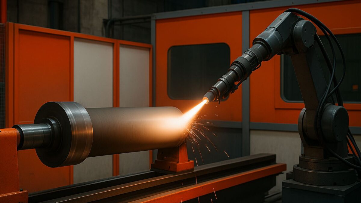 Pemilihan thermal spray coating untuk komponen silinder di pabrik proses agar tahan aus dan korosif, digambarkan dalam ruang semprot industri modern tanpa operator.