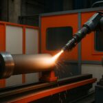 Pemilihan thermal spray coating untuk komponen silinder di pabrik proses agar tahan aus dan korosif, digambarkan dalam ruang semprot industri modern tanpa operator.