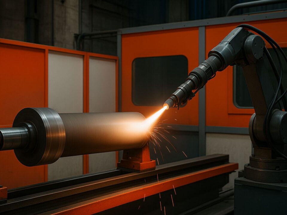 Pemilihan thermal spray coating untuk komponen silinder di pabrik proses agar tahan aus dan korosif, digambarkan dalam ruang semprot industri modern tanpa operator.