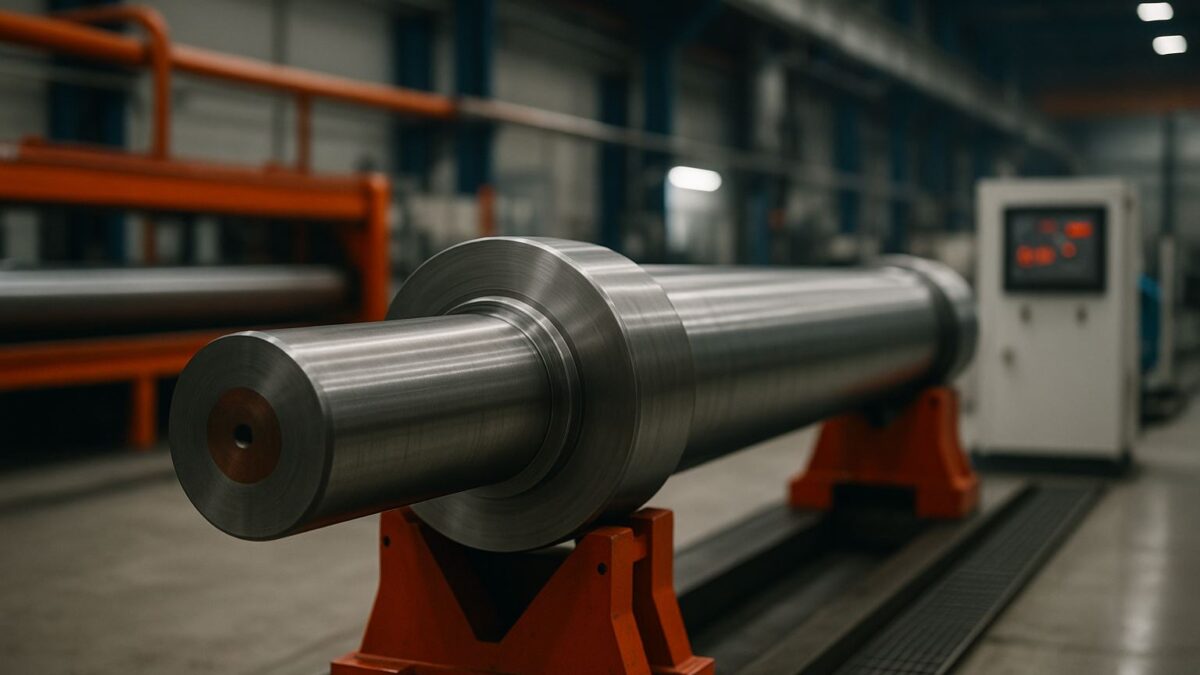 Ilustrasi biaya downtime shaft utama pada lini produksi manufaktur ketika shaft baja besar berhenti mendadak di tengah operasi.