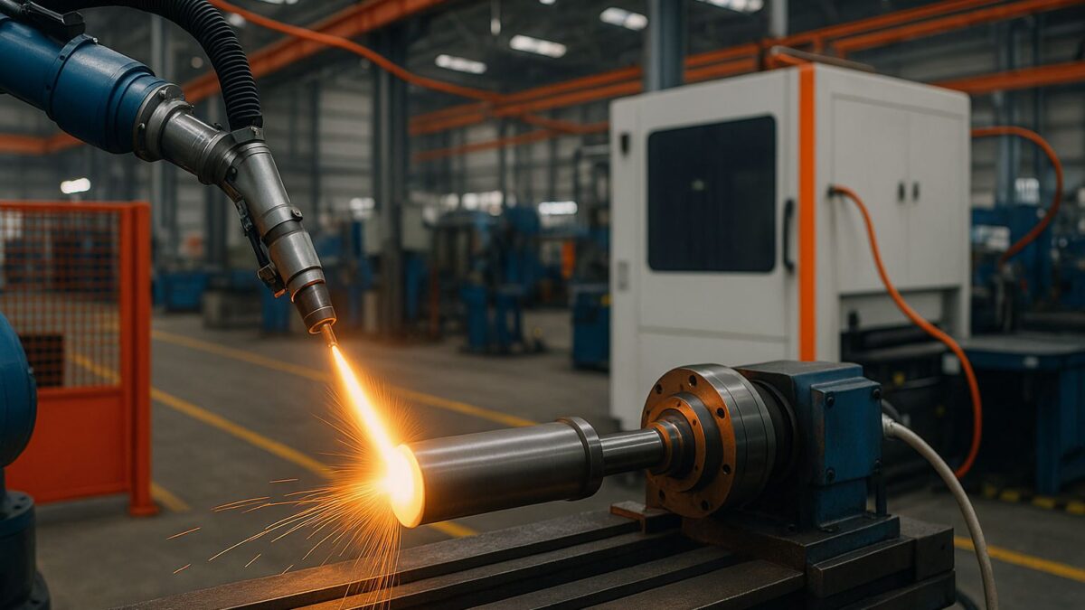 Ilustrasi surface engineering pabrik kendaraan listrik dengan proses coating termal komponen EV untuk menjaga umur pakai di tengah target produksi yang meningkat.