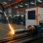 Ilustrasi surface engineering pabrik kendaraan listrik dengan proses coating termal komponen EV untuk menjaga umur pakai di tengah target produksi yang meningkat.