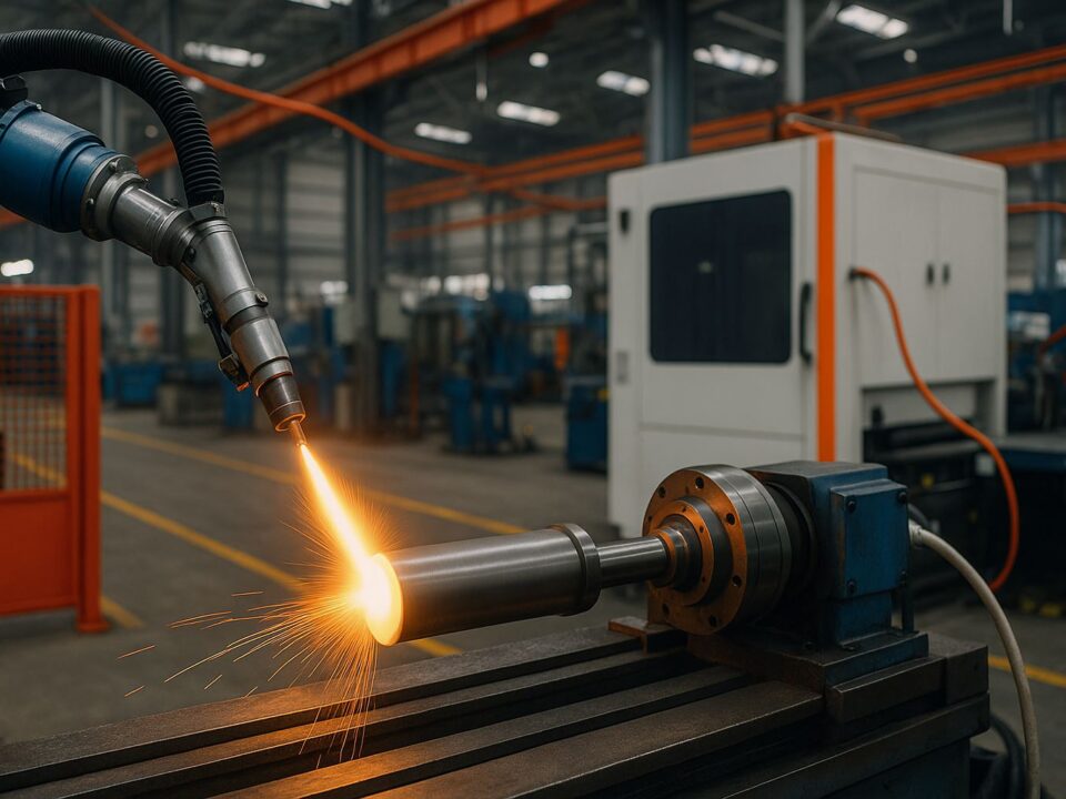 Ilustrasi surface engineering pabrik kendaraan listrik dengan proses coating termal komponen EV untuk menjaga umur pakai di tengah target produksi yang meningkat.