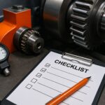 Checklist inspeksi komponen berputar menjelang shutdown akhir tahun di pabrik manufaktur dengan fokus pada detail mesin dan lembar pemeriksaan teknis.