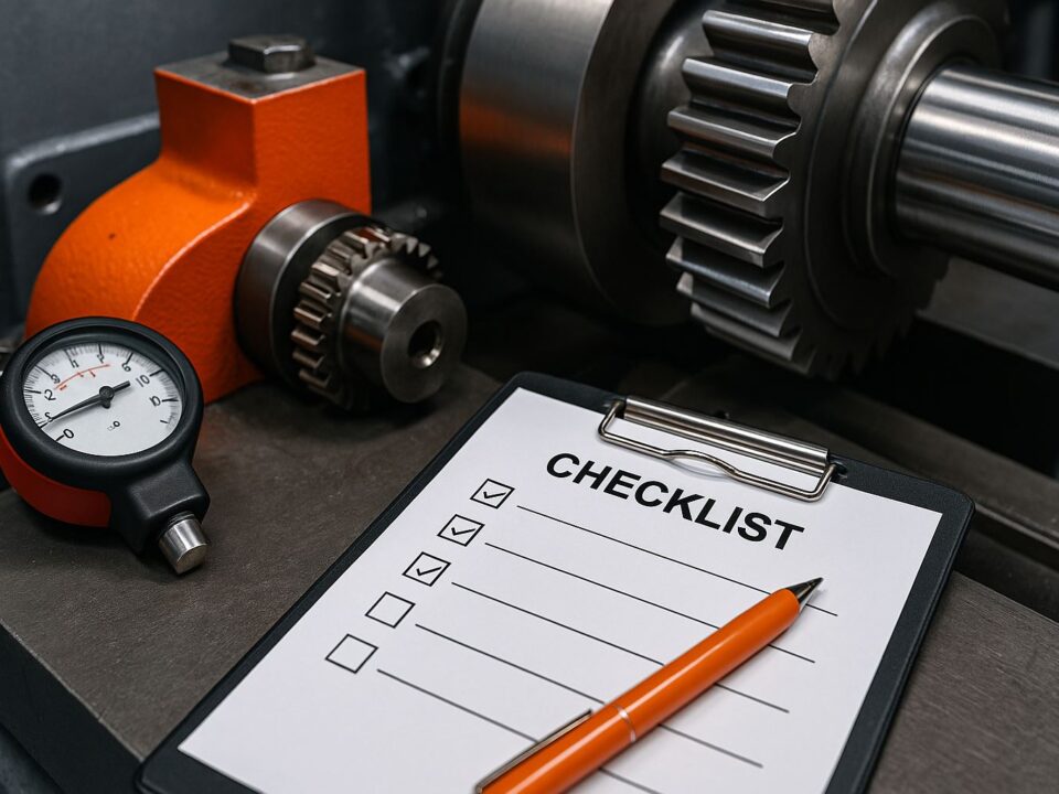 Checklist inspeksi komponen berputar menjelang shutdown akhir tahun di pabrik manufaktur dengan fokus pada detail mesin dan lembar pemeriksaan teknis.