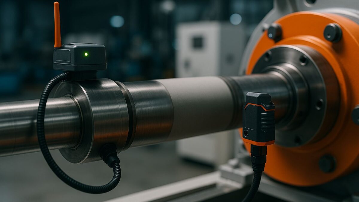Ilustrasi sensor getaran dan IoT memantau kinerja coating pada mesin berputar di lingkungan industri modern berteknologi tinggi.