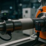 Ilustrasi sensor getaran dan IoT memantau kinerja coating pada mesin berputar di lingkungan industri modern berteknologi tinggi.