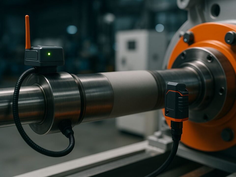 Ilustrasi sensor getaran dan IoT memantau kinerja coating pada mesin berputar di lingkungan industri modern berteknologi tinggi.