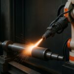 Ilustrasi ultra-realistis proses coating termal pada komponen industri yang mendukung artikel tentang pertanyaan teknis untuk vendor coating sebelum produksi